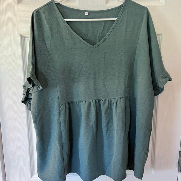 Womens V Neck, Ruffle Sleeve, T-Shirt, Babydoll Peplum Top, Blue, Extra Large XL - Picture 1 of 4